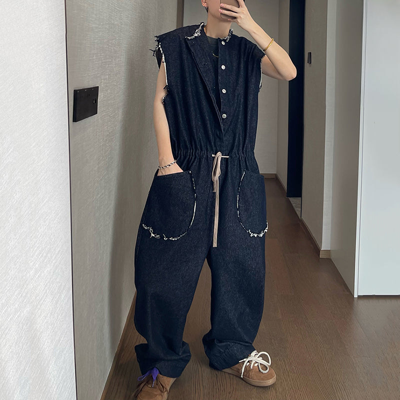 Vintage Loose Raw Edge Sleeveless Jumpsuit Jeans