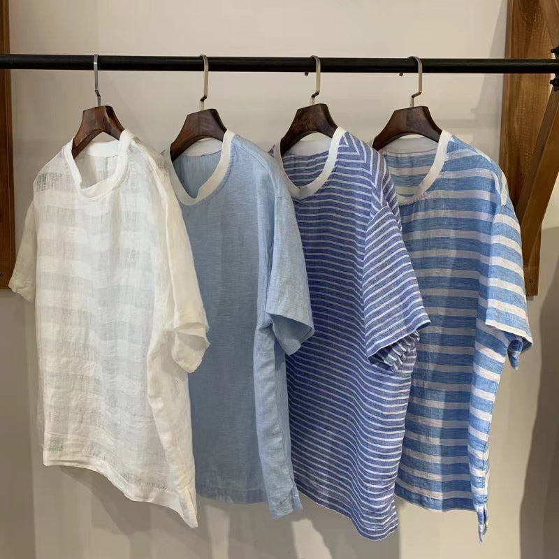 Japanese Striped Linen Loose Round Neck T-shirt
