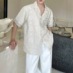 Jacquard Embroidered Cuban Collar Rhinestone Shirt
