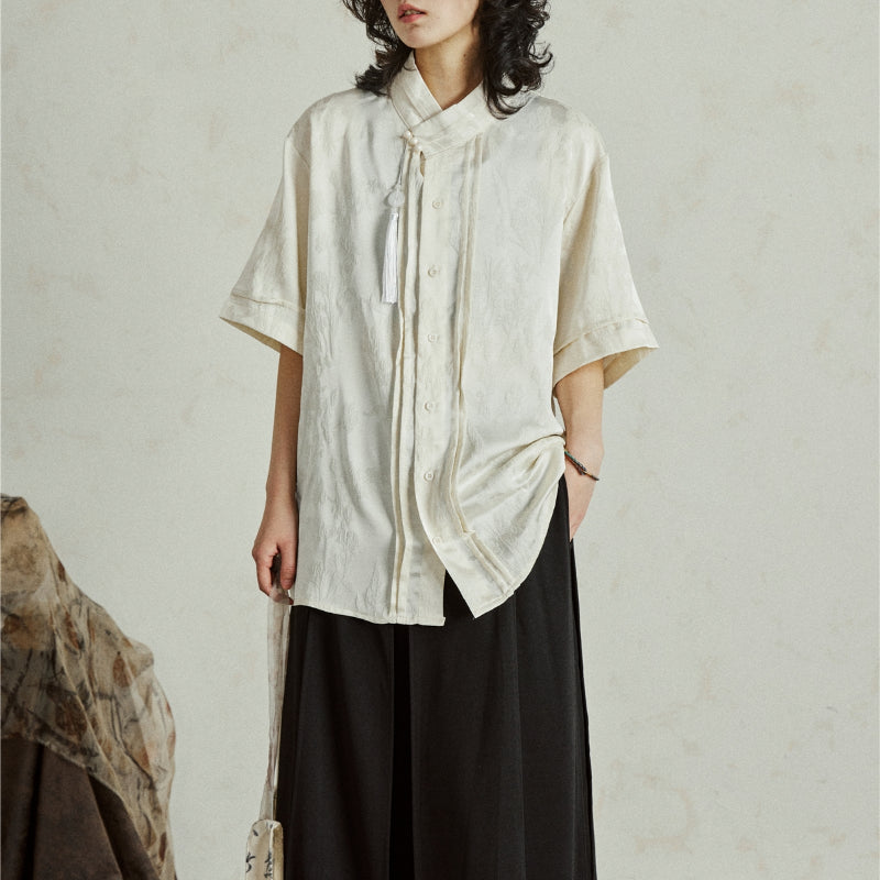 Satin Jacquard Slanted Placket Jade Pendant Tassel Shirt