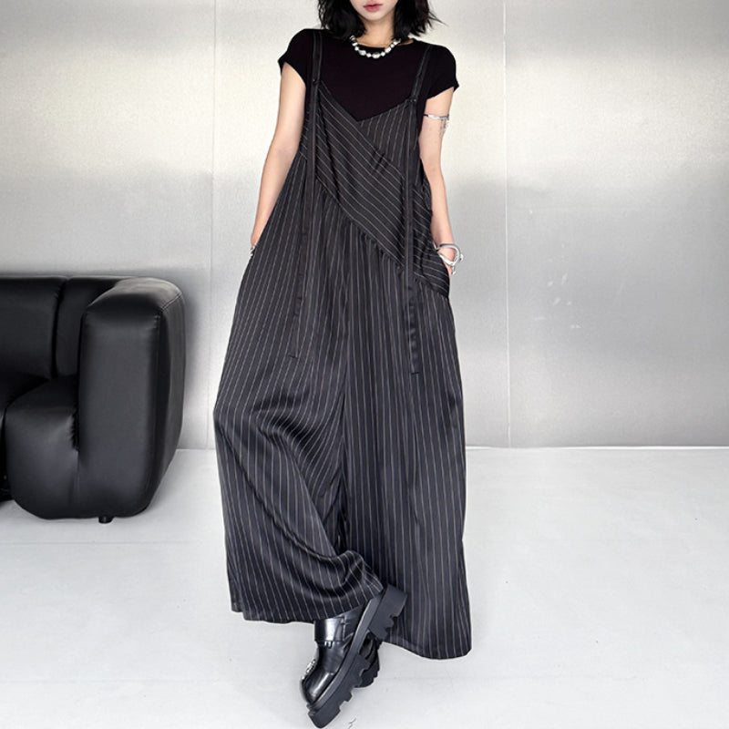 Loose Casual Stitching Striped Wide-leg Overalls