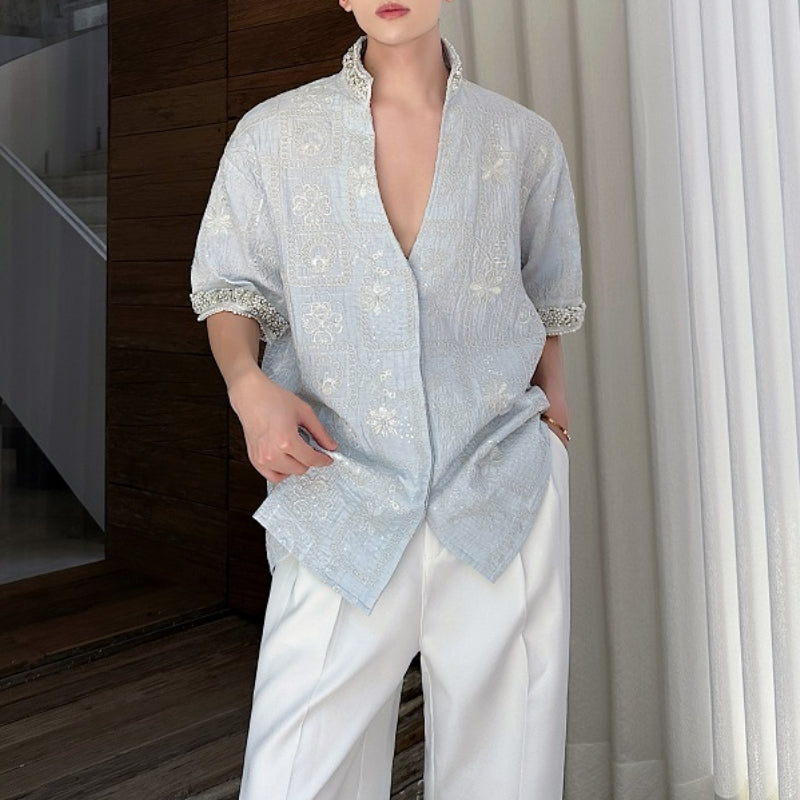 Stand Collar Embroidered Rhinestone V-neck Shirt
