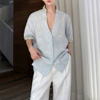 Stand Collar Embroidered Rhinestone V-neck Shirt