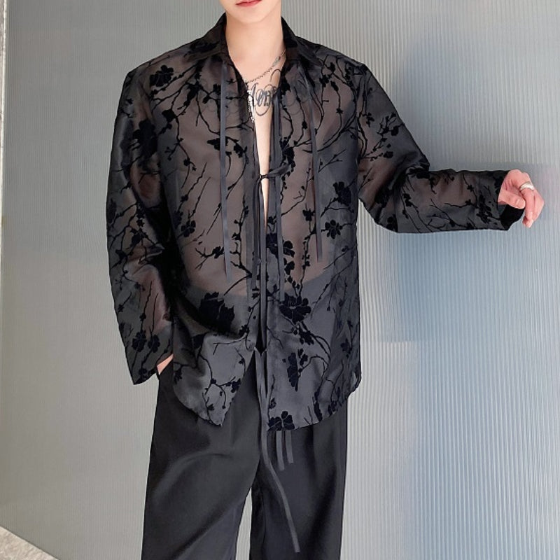 Ribbon Tie Jacquard See-through Shirt