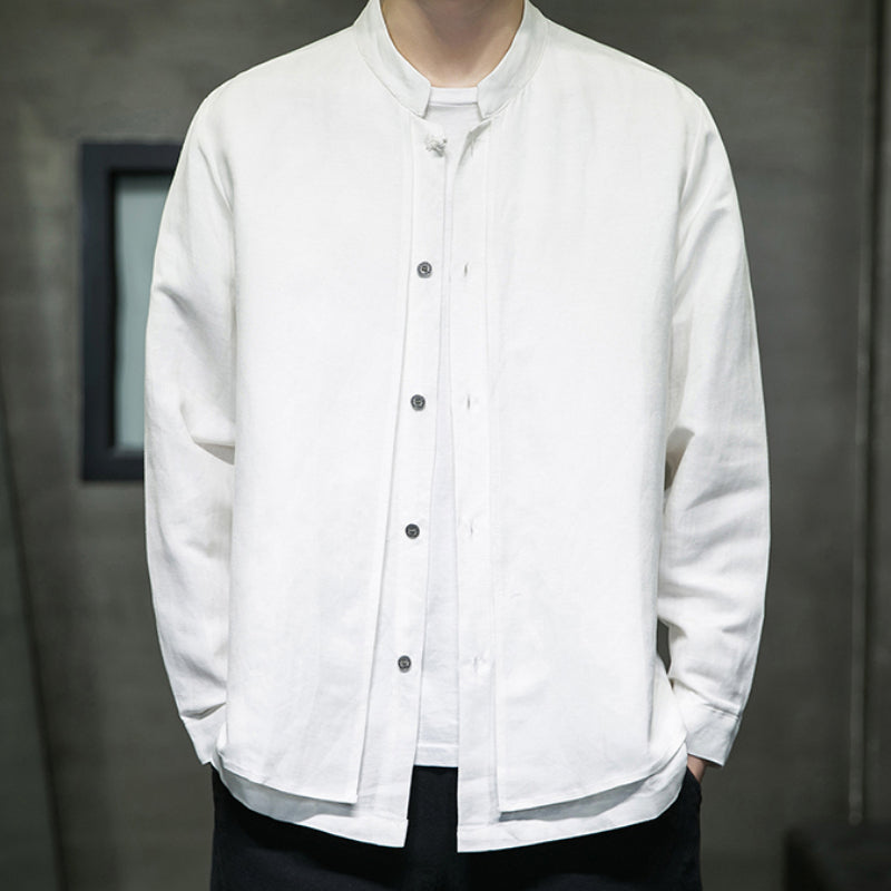 Cotton and Linen Stand Collar Shirt
