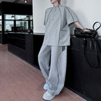 American Style Stand-up Collar Contrast Color T-shirt Zipper Wide-leg Trousers Two-piece Suit