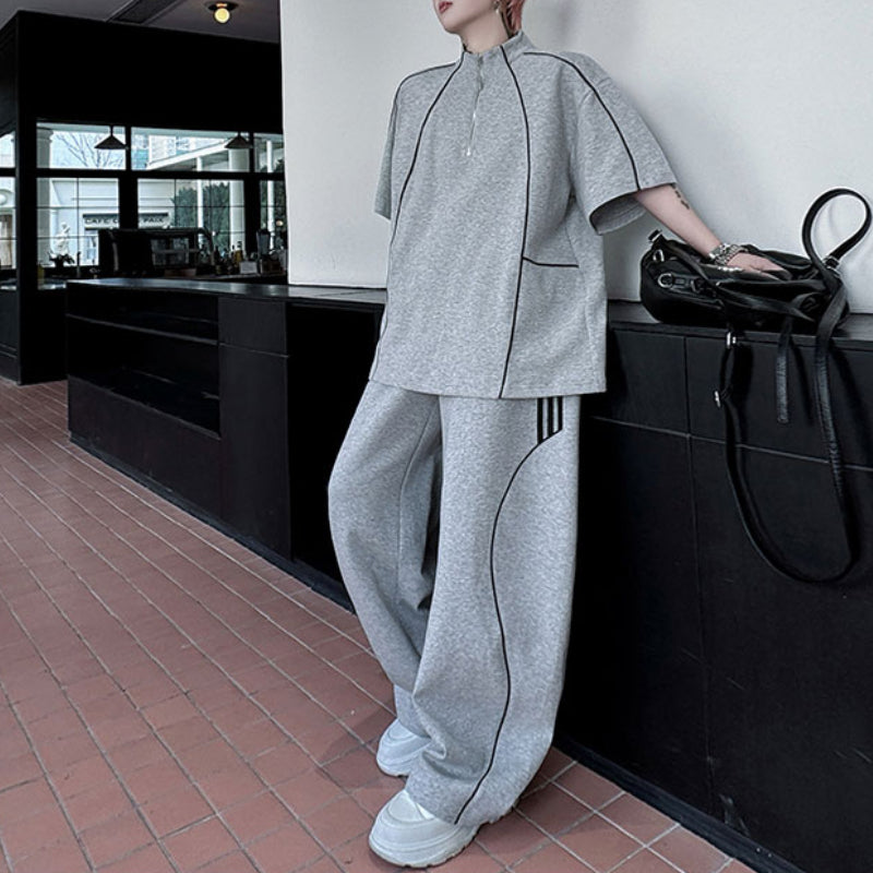 American Style Stand-up Collar Contrast Color T-shirt Zipper Wide-leg Trousers Two-piece Suit