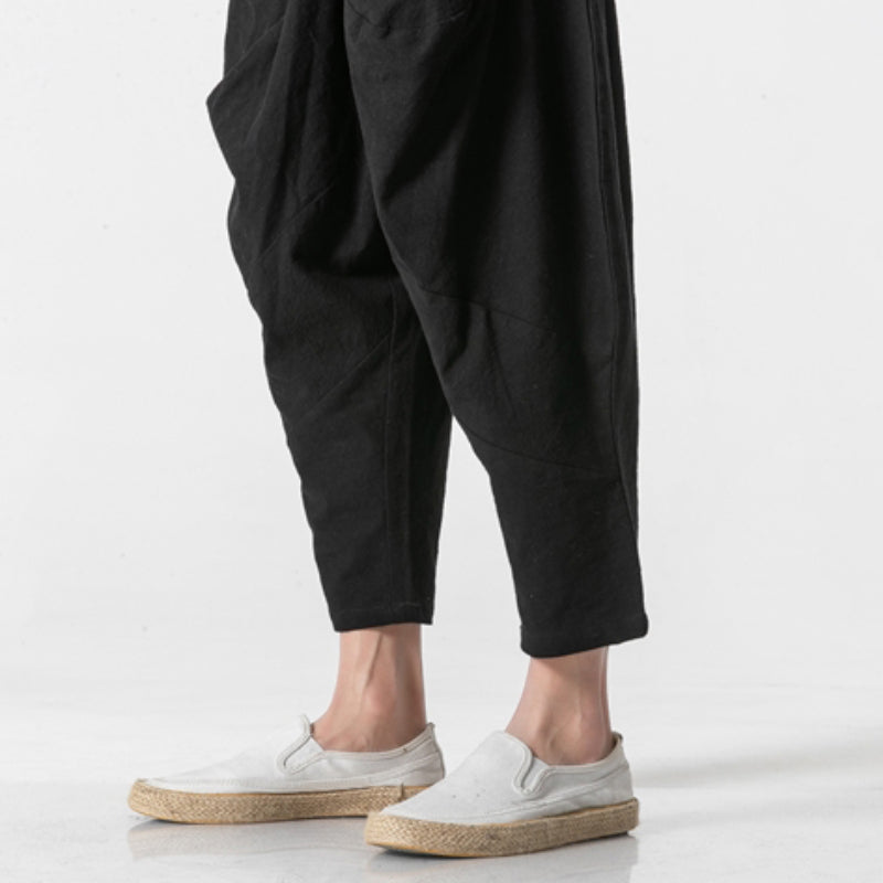 Cotton and Linen Cuffed Wide Leg Harem Pants