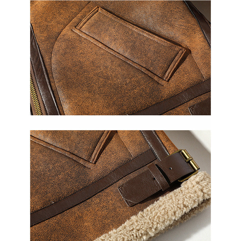 Fleece Thick Lapel Motorcycle Leather Jacket