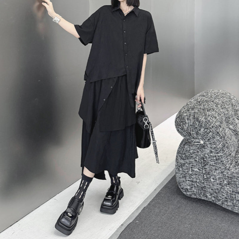 Irregular Loose Solid Color Shirt Elastic Waist Skirt