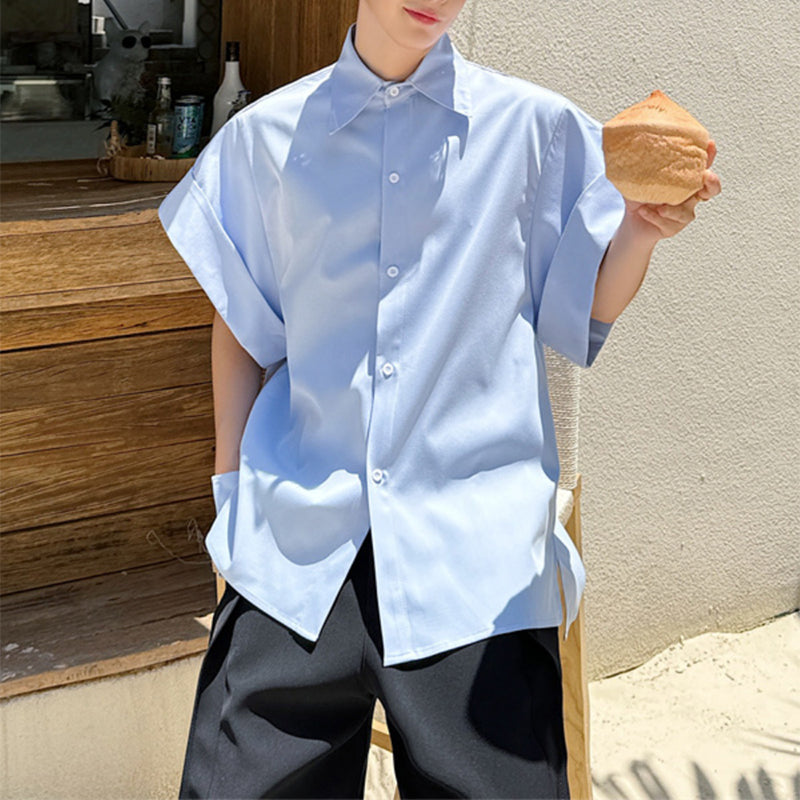 Blue Loose Casual Shirt with Wide Sleeves