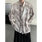Retro Jacquard Stitching Stand Collar Ink Print Shirt