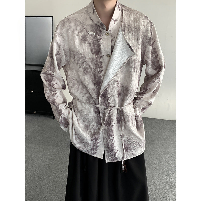 Retro Jacquard Stitching Stand Collar Ink Print Shirt