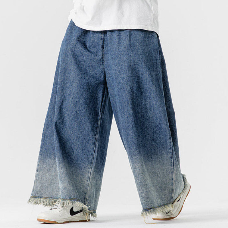 Japanese Retro Denim Gradient Color Raw Edge Wide Leg Pants