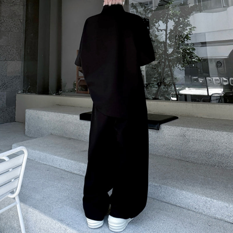 American Style Stand-up Collar Contrast Color T-shirt Zipper Wide-leg Trousers Two-piece Suit