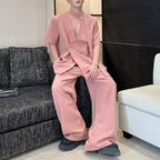 Collarless Ribbon Shoulder Pad Short Sleeve Suit Wide Leg Pants Two Piece Suit