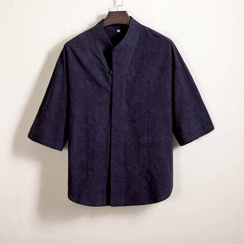 Cotton and Linen Jacquard Vintage Half Sleeve Shirt