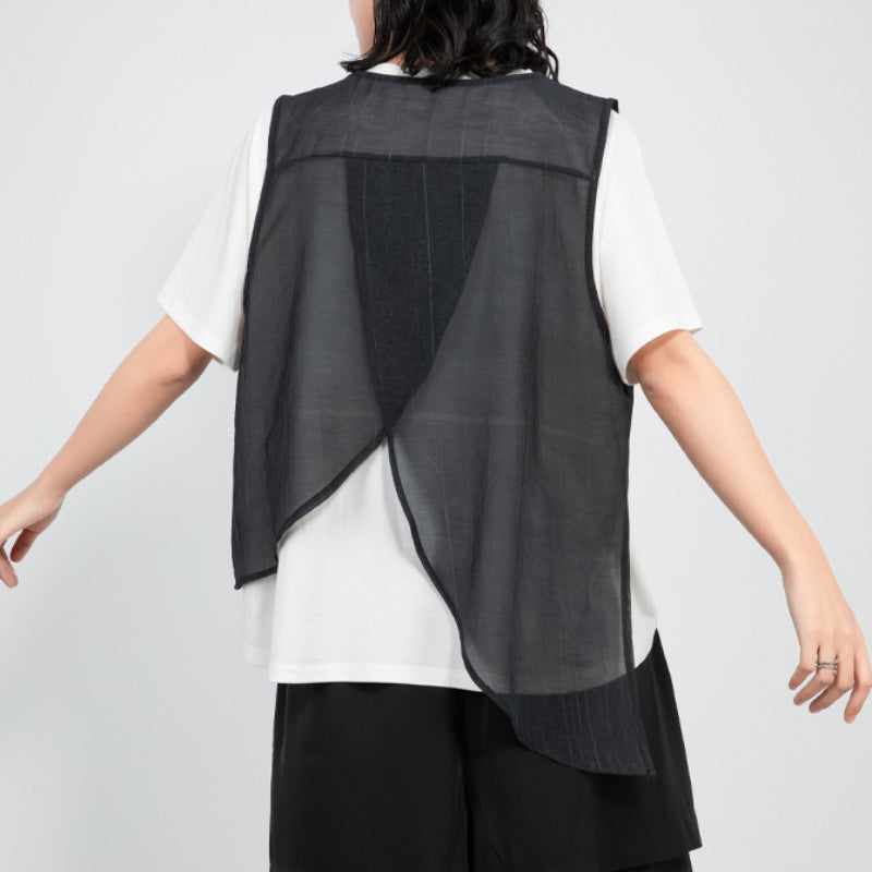 Round Neck Irregular Cotton and Linen Slit Vest