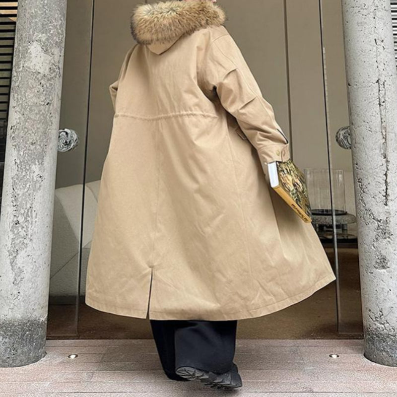 Winter Retro Fishtail Thick Warm Detachable Hood Long Windbreaker
