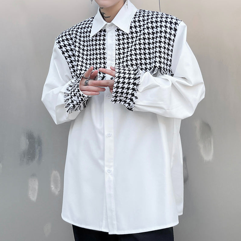 Houndstooth Frayed Panel Long Sleeve Shirt