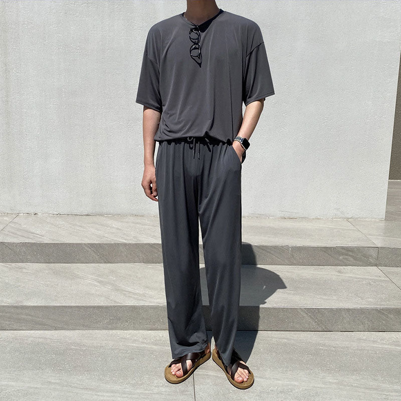 Thin Solid Short Sleeve T-Shirt And Pant Set