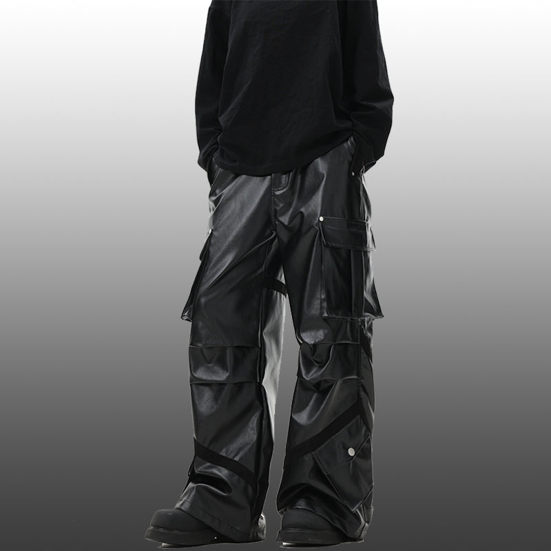 Vintage Multi-Pocket Shiny Leather Loose Wide-Leg Casual Pants
