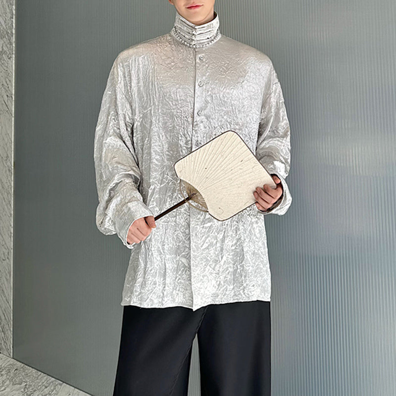 Stand Collar Pleated Disc Button Shirt