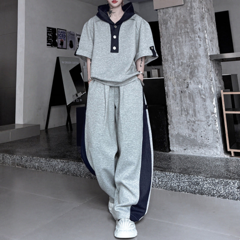 American Casual Contrast Color Stitching Hooded Sweatshirt Wide Leg Trousers Two-piece Set