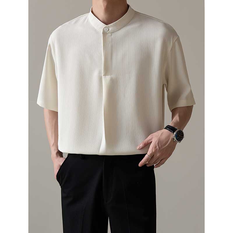 Loose Stand Collar Ice Silk Texture Casual Shirt