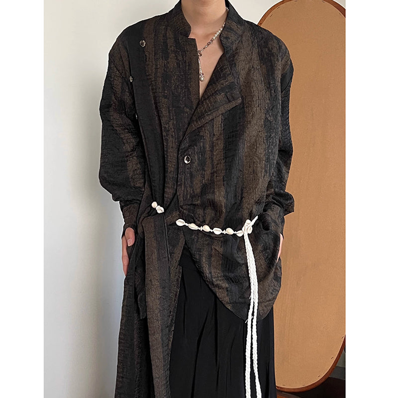 Vintage Tie-dye Ribbon Stand Collar Pleated Shirt