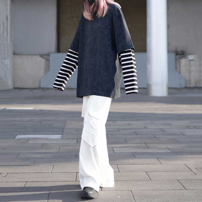 Washed Distressed Striped Patchwork Fake Two-piece T-shirt