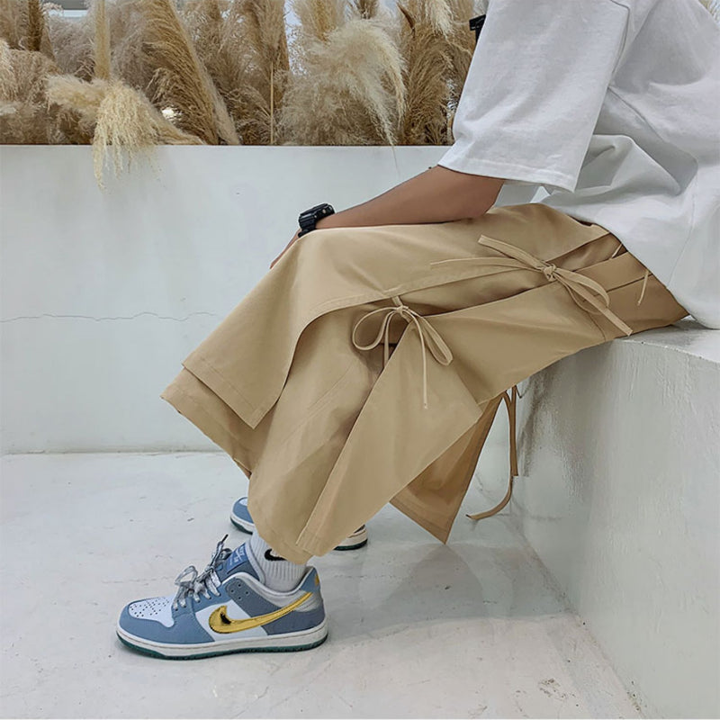 Japanese Style Fake Two Piece Side Ribbon Pants