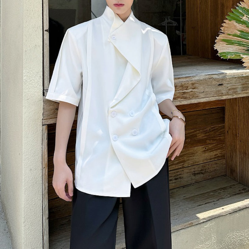 Summer Stacked Collar Shoulder Pad Shirt