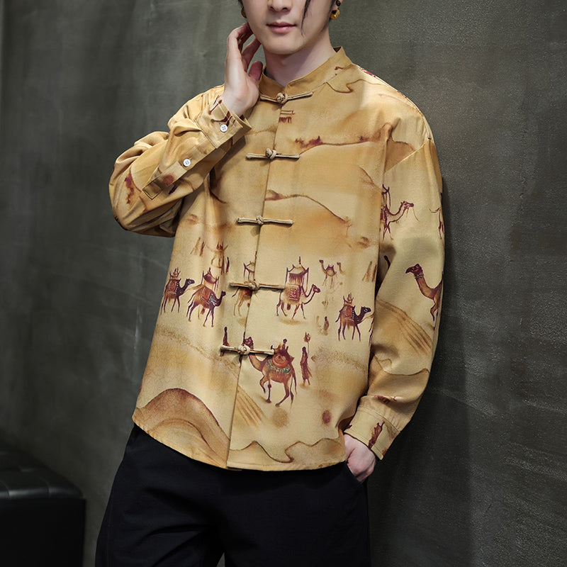 Patterned Stand Collar Button Down Shirt