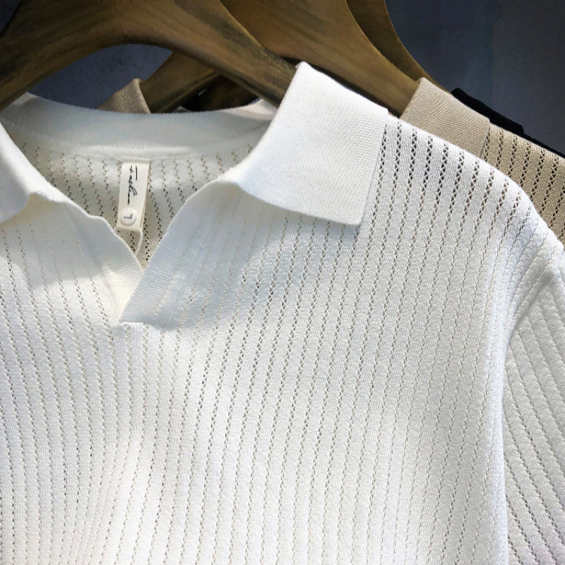 Ice Silk Hollow Pattern Knitted Lapel Polo Shirt