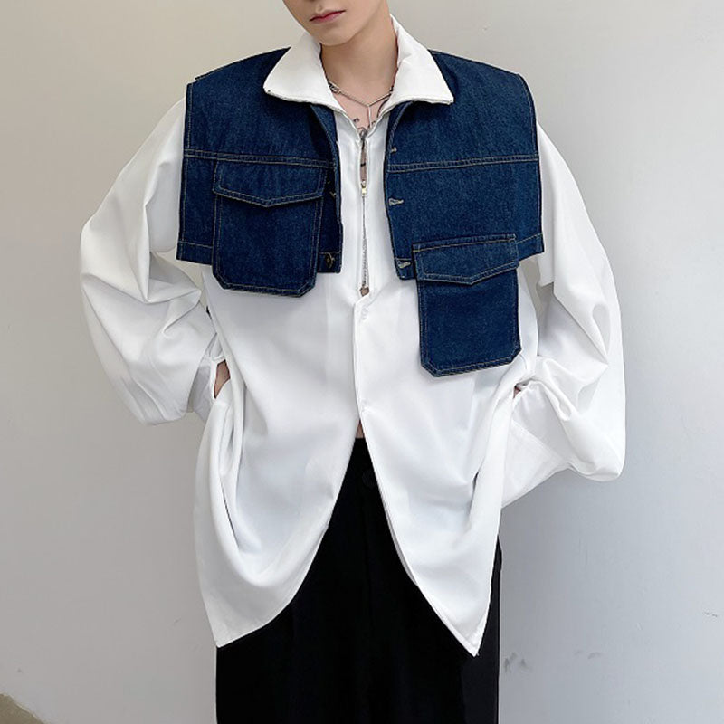 Asymmetrical Pockets Cropped Denim Vest