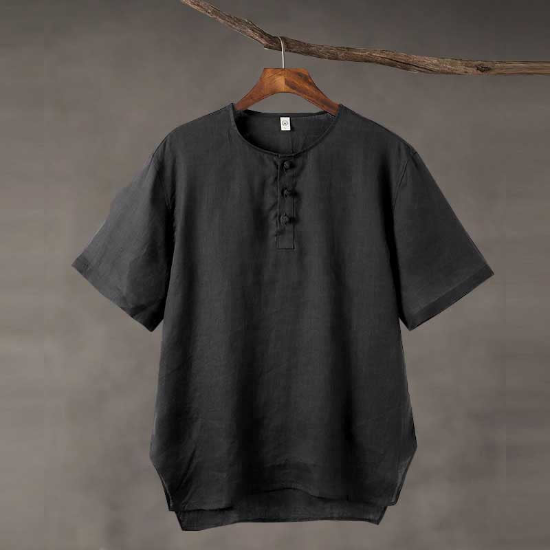 Linen Vintage Round Neck Button Down T-shirt