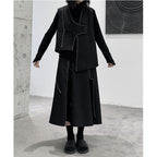 Irregular Pleated Topstitched A-Line Midi Skirt