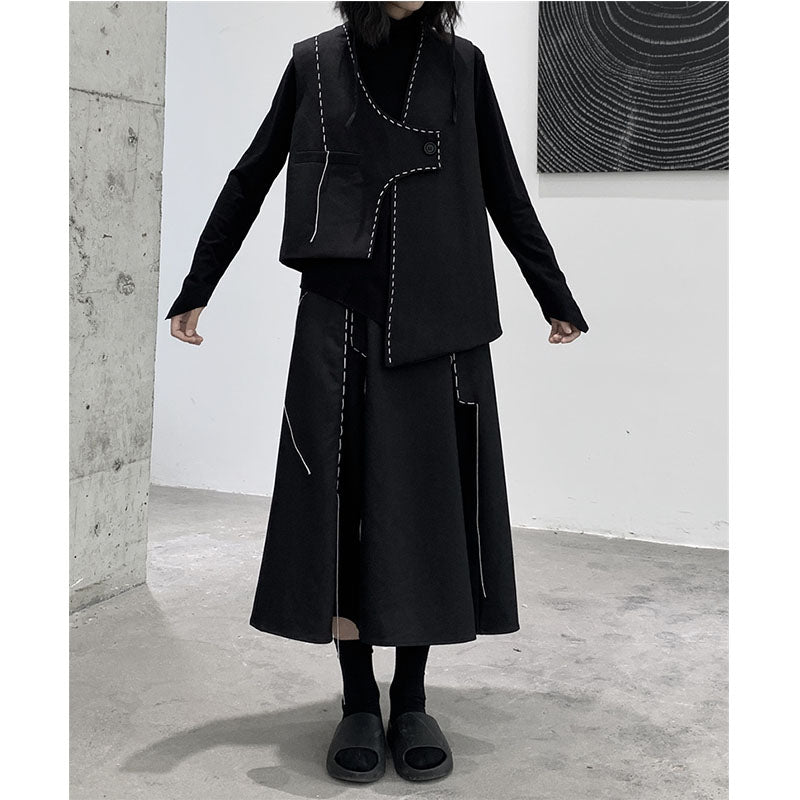 Irregular Pleated Topstitched A-Line Midi Skirt