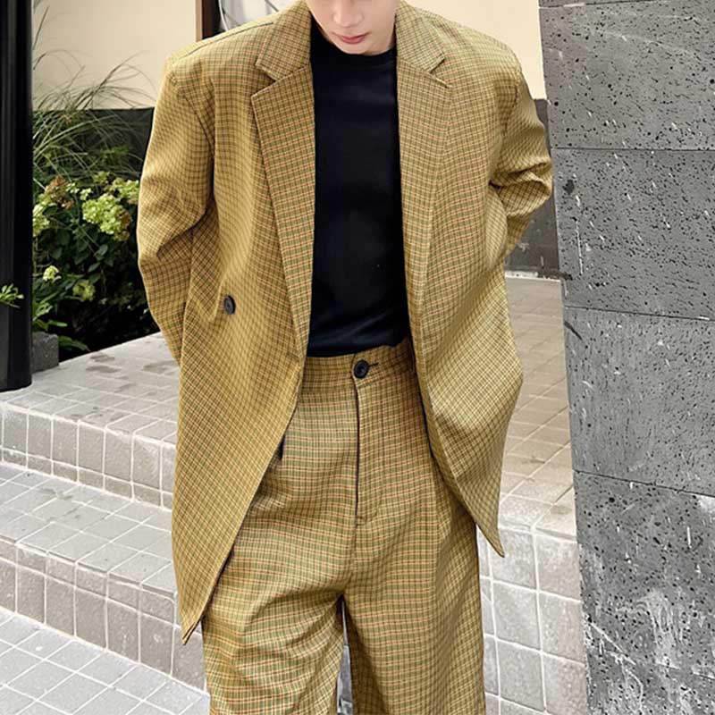 Retro Khaki Check Simple Blazer And Pant Set