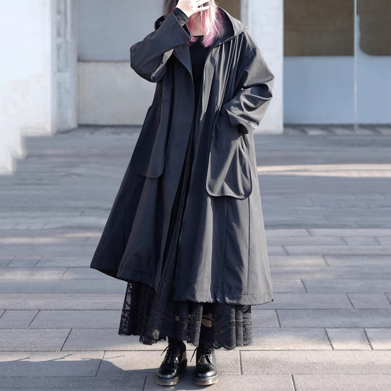 Black Thin Loose Hooded Windbreaker