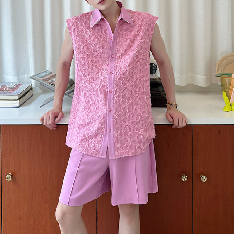 Heavy Beaded 3D Flower Sleeveless Top Loose Shorts Two-piece Set