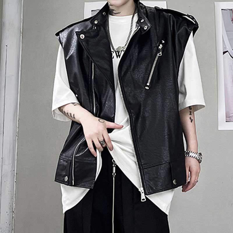Retro PU Leather Zipper Vest Jacket