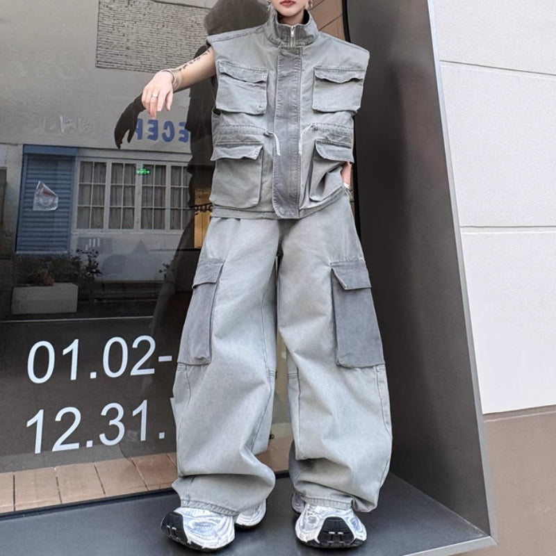 Japanese Retro Stand Collar Vest Wide Leg Loose Trousers Two-piece Set