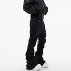 Dark Waxed Coated Ribbon Slightly Flared Mopping Stacked Denim Trousers