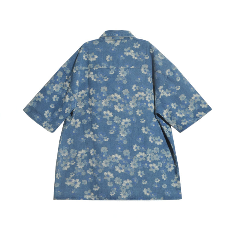 Vintage Floral Print Short Sleeve Denim Shirt