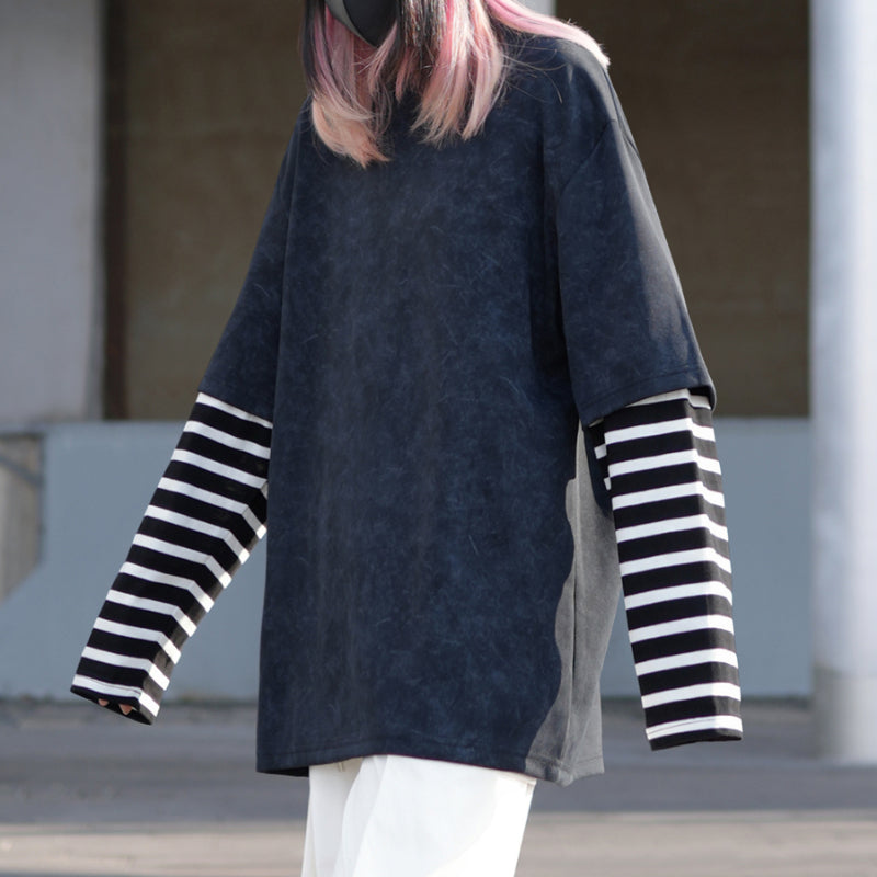 Washed Distressed Striped Patchwork Fake Two-piece T-shirt