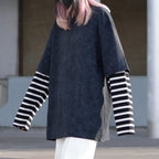 Washed Distressed Striped Patchwork Fake Two-piece T-shirt