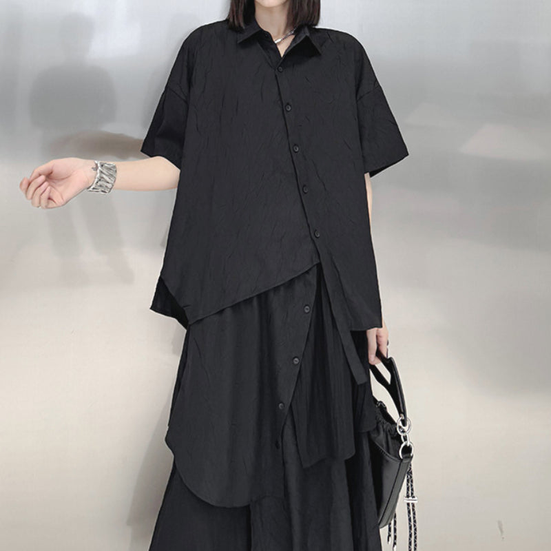 Irregular Loose Solid Color Shirt Elastic Waist Skirt