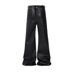 Dark Waxed Coated Ribbon Slightly Flared Mopping Stacked Denim Trousers